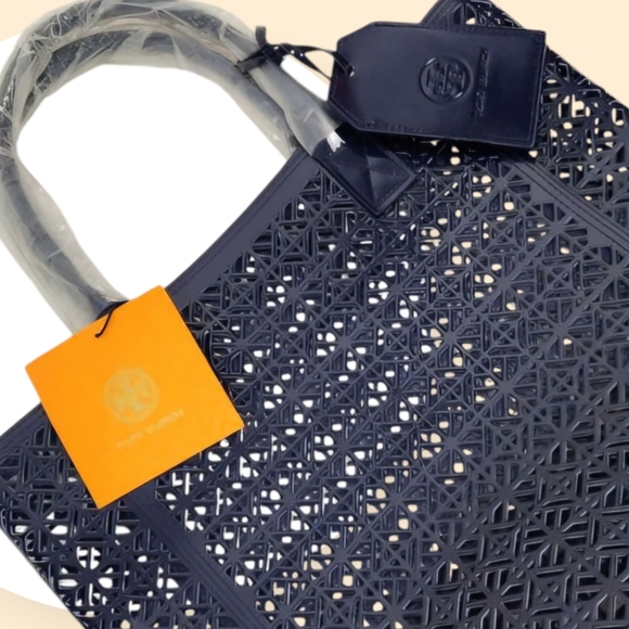 🆕️Tory Burch Navy Blue Cutout Tote Bag 👜 Chic Designer Beach & Shopping Bag - Picture 13 of 16